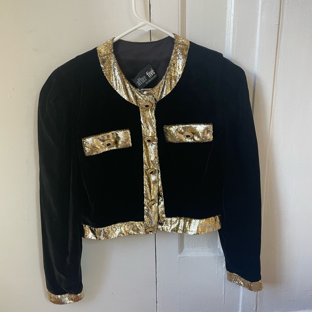 Vintage After Five cropped black jacket with gold fringe